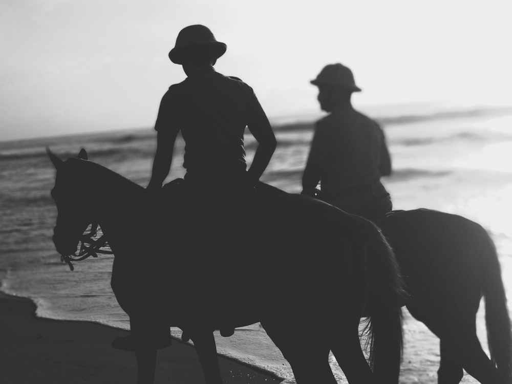 silhouette of people riding horses on shore