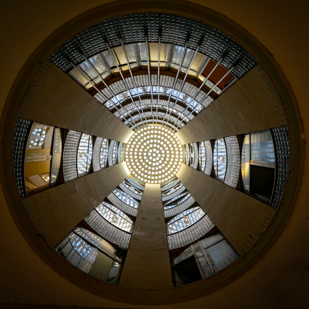 a circular view of the ceiling of a building