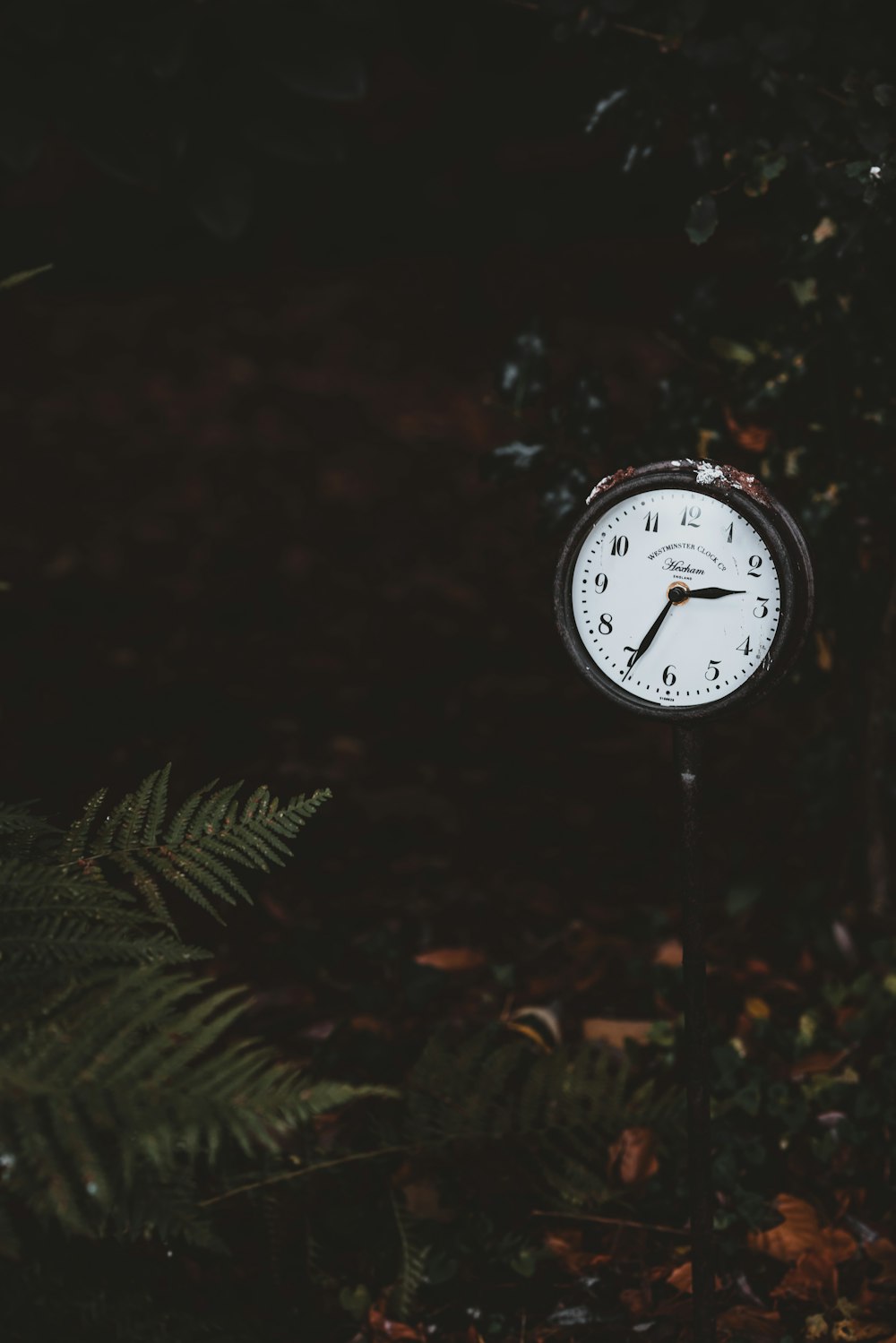 round silver-colored analog clock