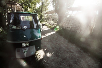 A green three-wheeled vehicle is parked on a dirt path surrounded by lush greenery. Sunlight filters through the trees, casting soft, dreamy light across the scene. In the background, there is a stack of neatly piled logs.