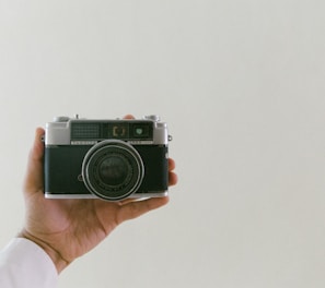 person holding grey and black camera