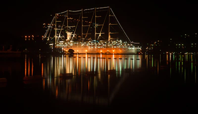 Nighttime view of the cruise ship illuminated with stylish golden lights on the ocean.