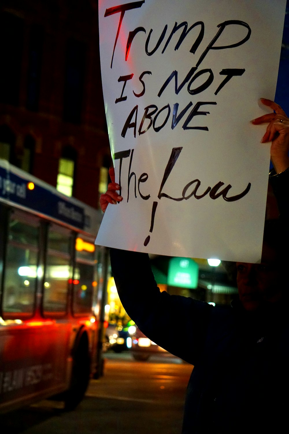 person holding Trump Is Not Above the Law signage