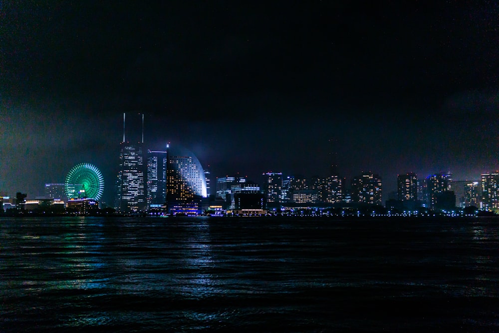lighted city skyline at night