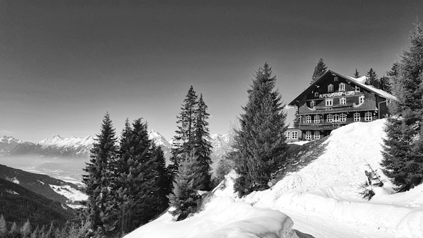 A panoramic view of snow-capped mountains with a cozy wooden cabin and travelers enjoying the scenery.