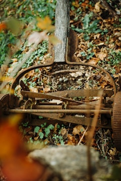 An old, rusted manual lawnmower is partially covered by dry leaves and surrounded by green foliage. The metal of the lawnmower has a patina of rust, and it sits on a ground that looks like a garden or backyard area.
