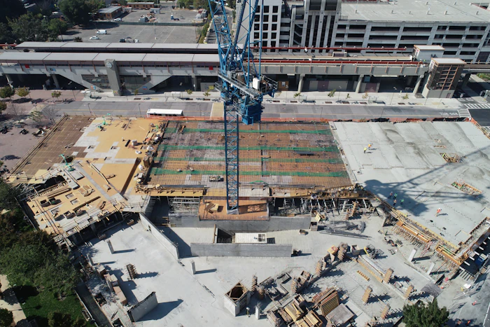 Aerial view of a building foundation and framework
