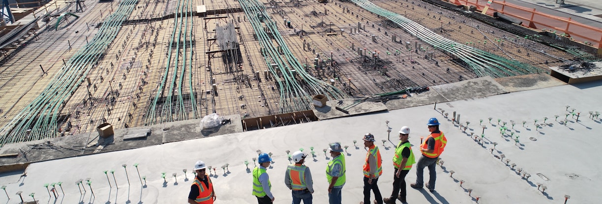 seven construction workers standing on white field