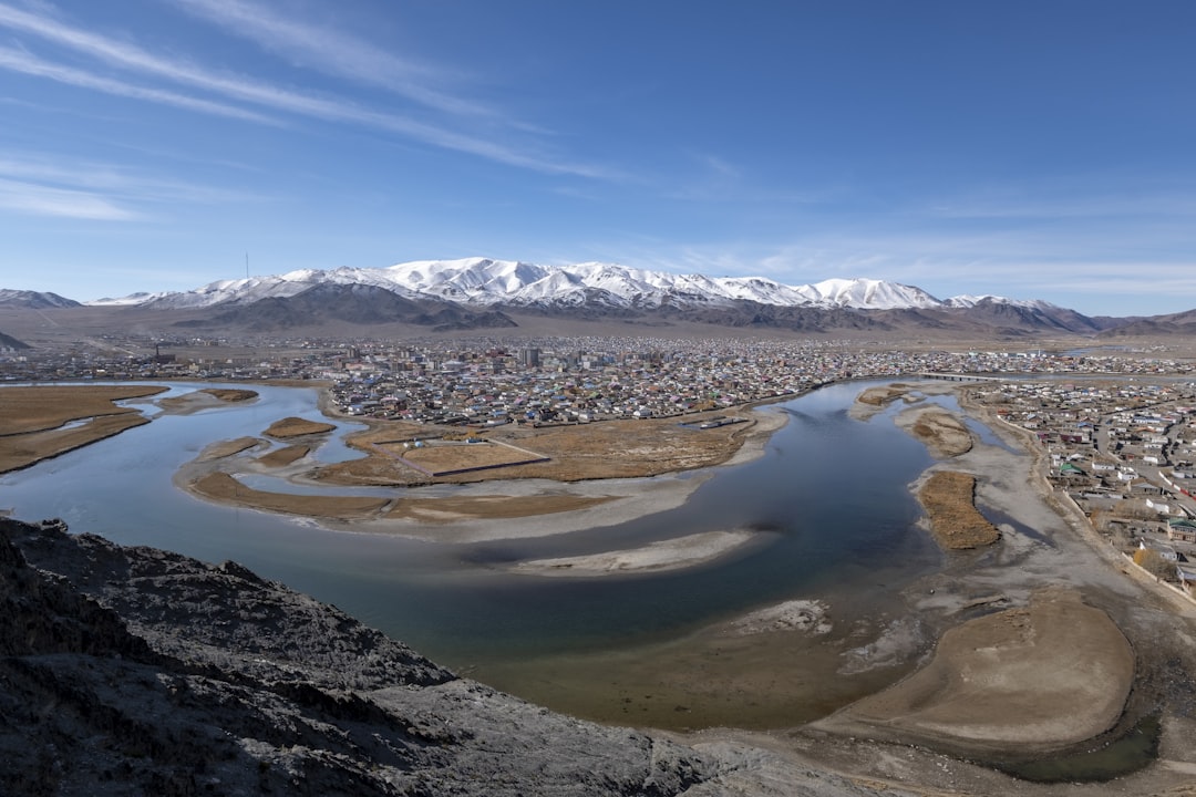 houses in far bank of river, Ulgii town from viewpoint