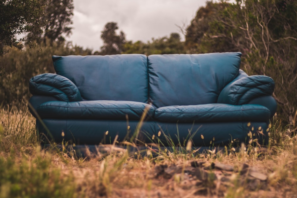 blue leather loveseat surrounded by grass