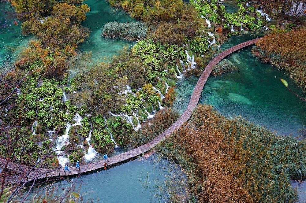 brown wooden dock on waterfalls