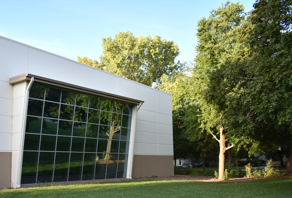 glass window front building with grass lawn