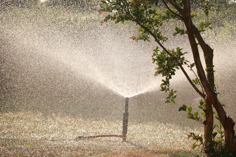 A garden sprinkler watering a lawn beside a tree