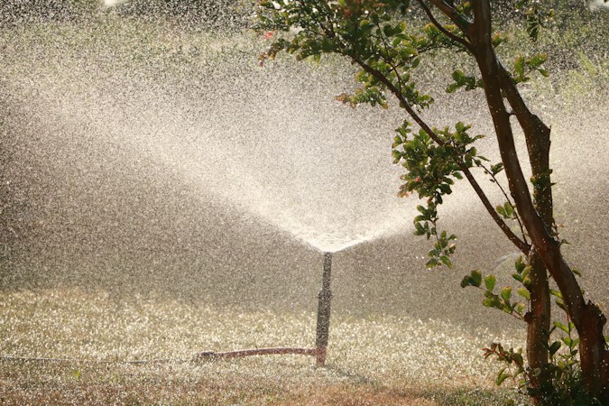 A garden sprinkler running beside a tree, a reminder to check irrigation controllers before the Clark County winter schedule begins November 1