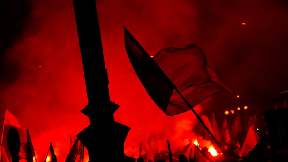 people raising flags near bonfire