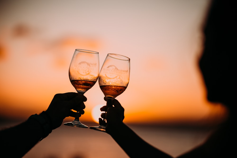 茎の長いワイングラスを持つ2人のシルエット写真