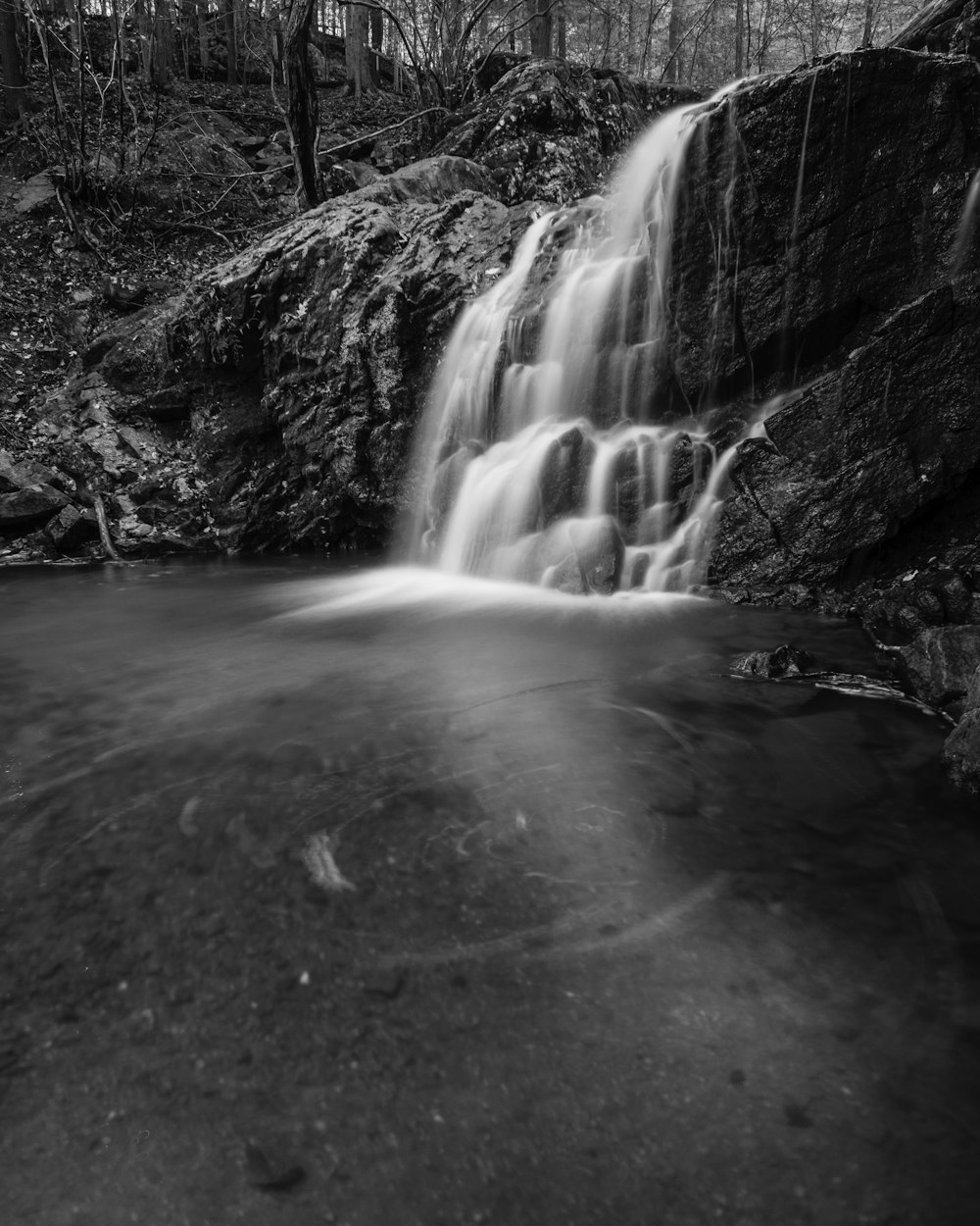 grayscale and aerial view photography of waterfall