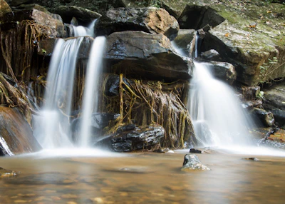 A serene waterfall cascading over mossy rocks surrounded by lush greenery.