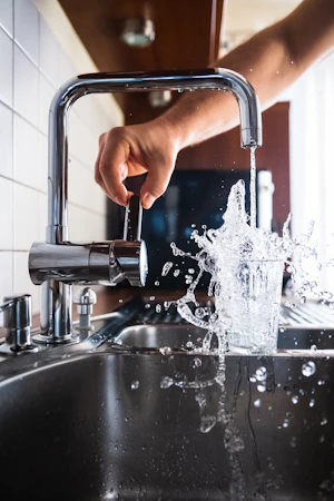 Person turning on kitchen faucet with water splashing - plumbing drainage