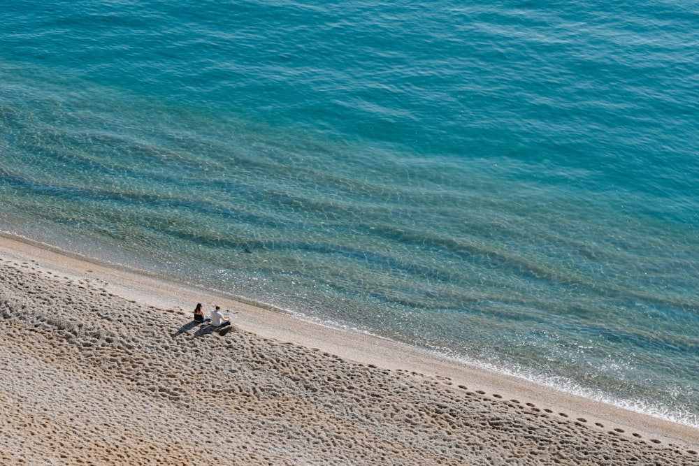 two people sitting on shore