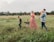 A family of four is walking through a lush green meadow. The woman is wearing a red floral dress and a hat, while holding hands with two young boys. The man is wearing a denim jacket and is holding a baby in his arms. String lights are visible in the background, adding a whimsical touch to the setting under a cloudy sky.