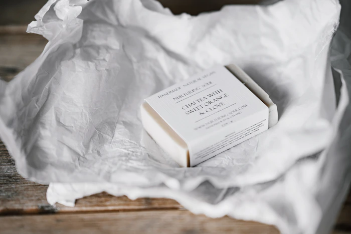 A bar of handmade soap on a folded linen cloth