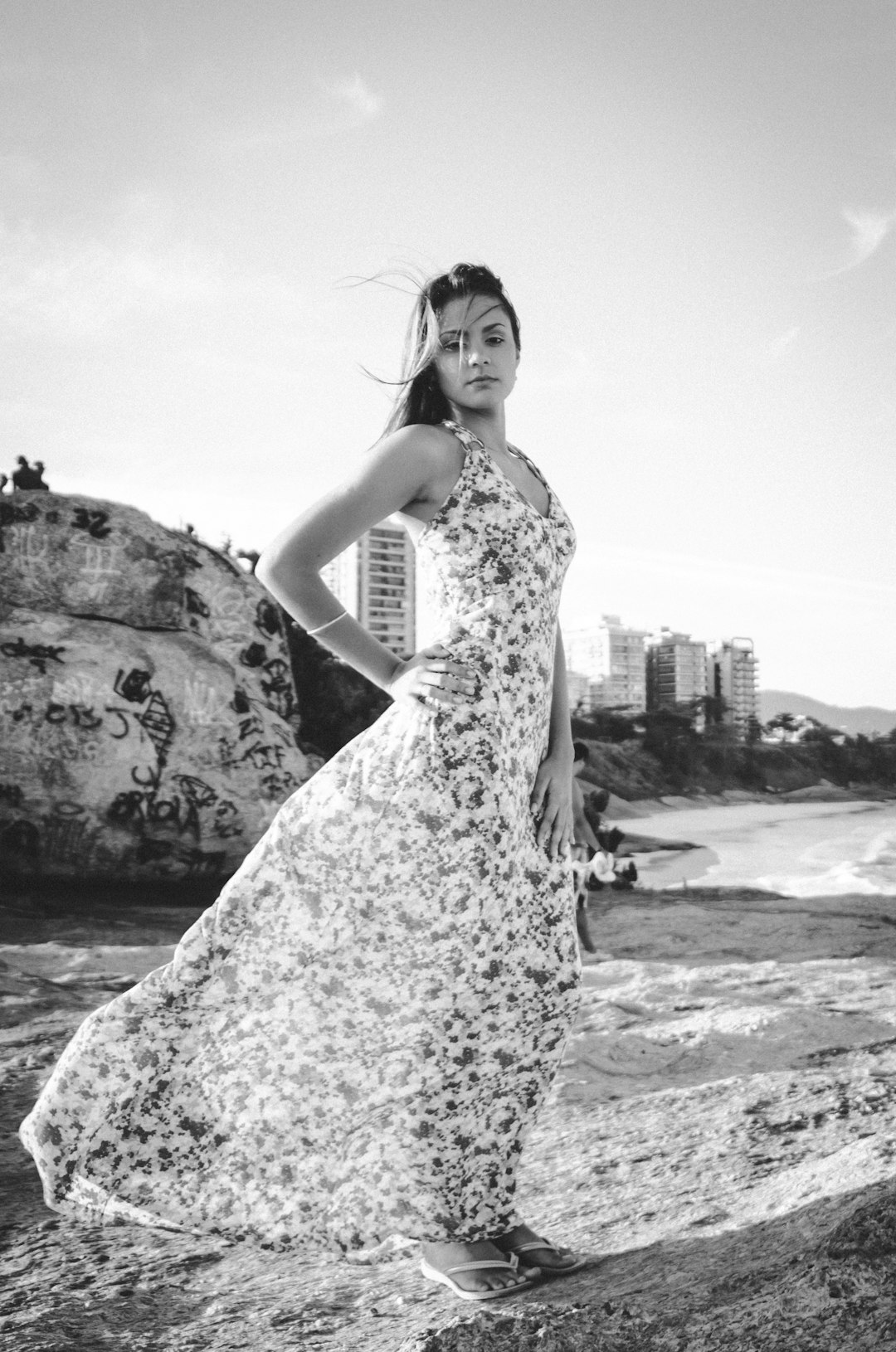 grayscale photography of woman in beach