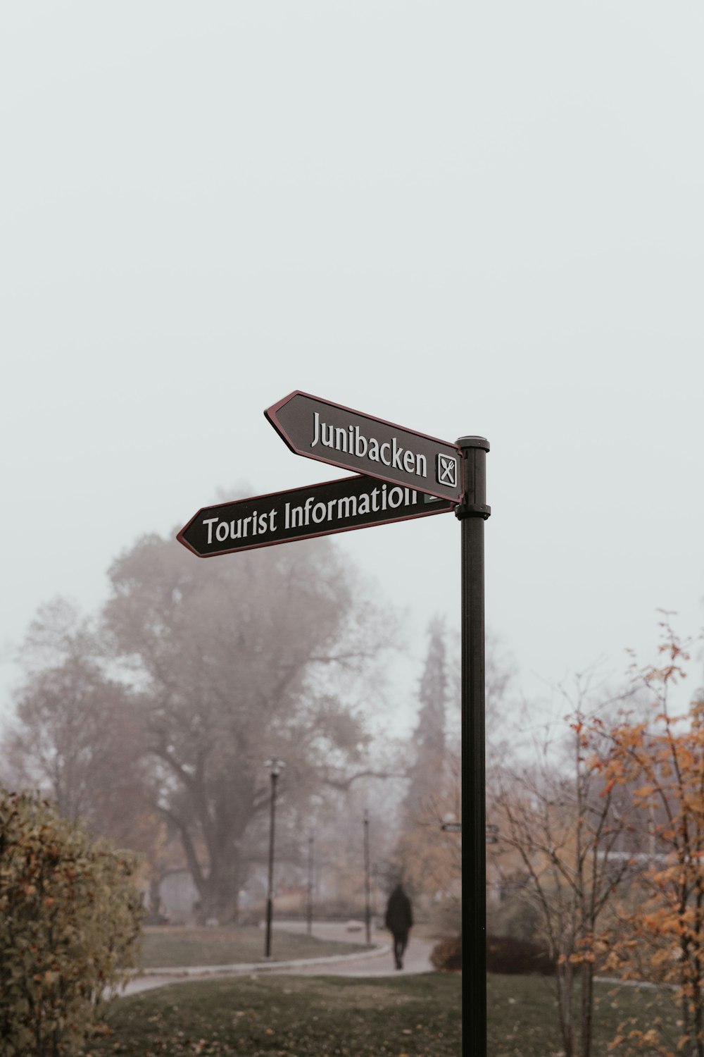 黒いジュニバッケンと観光案内所の道路標識