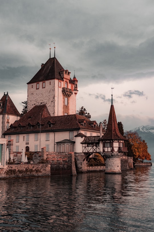 white and brown painted building beside body of water in Schloss Oberhofen Switzerland