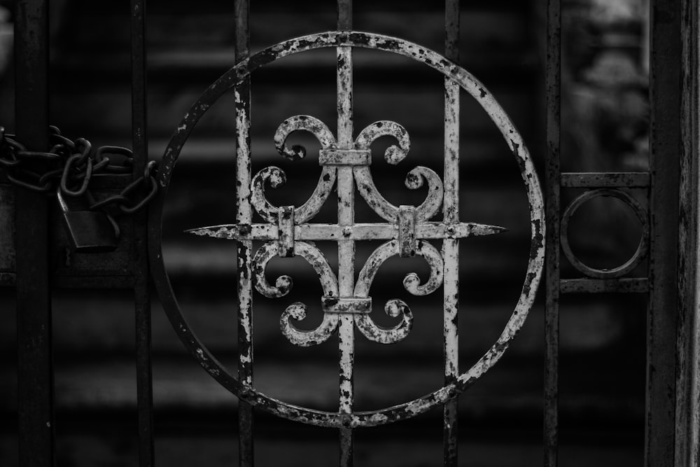 grayscale photography of gate