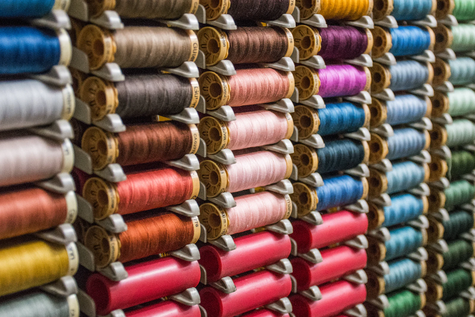 Assorted colored thread spools