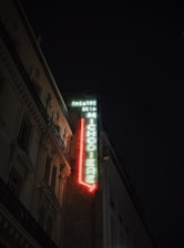 A nighttime scene featuring a tall building with a neon vertical sign that reads 'THEATRE DE LA MICHODIERE'. The sign glows in bright green and red colors, contrasting against the dark facade of the building and the night sky.