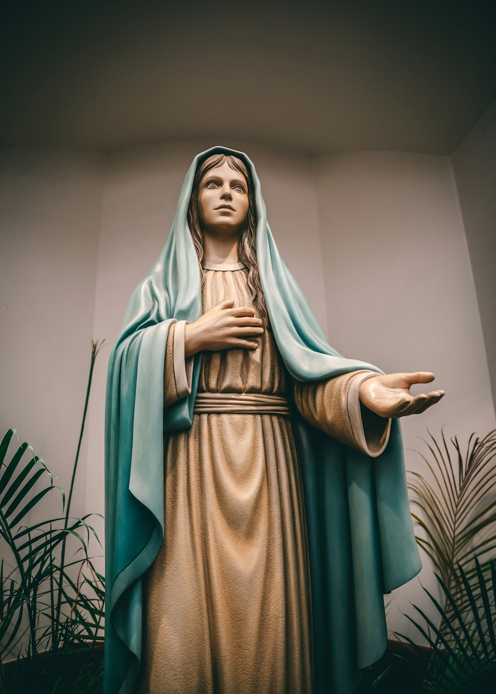 Statue de la Vierge Marie à côté de plantes