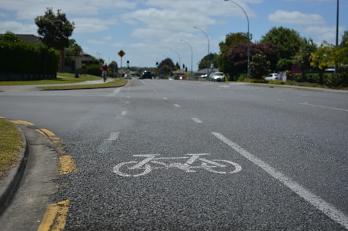 A paved road with a bicycle lane marked by a white bicycle symbol is visible. The road is lined with trees and shrubs, with a few cars and a cyclist in the distance. The traffic lights are green, and the sky is partly cloudy with patches of blue.