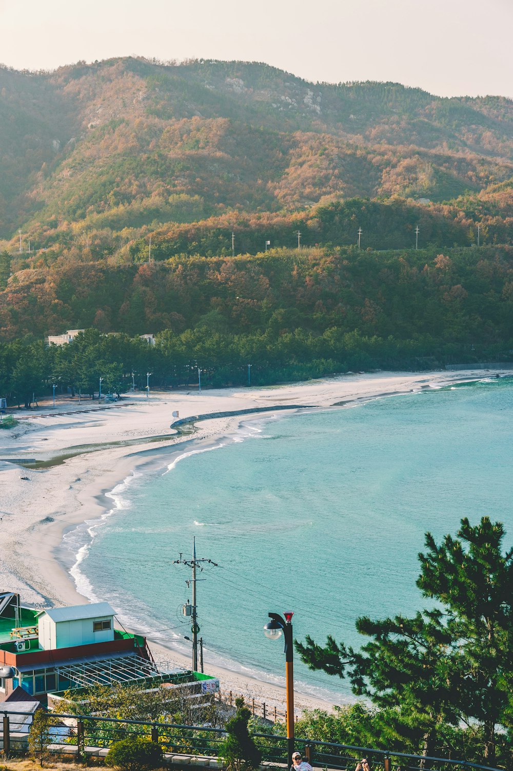 a view of a beach with a mountain in the background