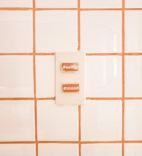 A switch panel is mounted on a tiled wall with white tiles and orange grout. The panel contains two switches labeled with hashtags: #selfie and #mood.