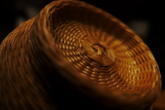 Close-up of handmade cork basket with intricate weaving patterns