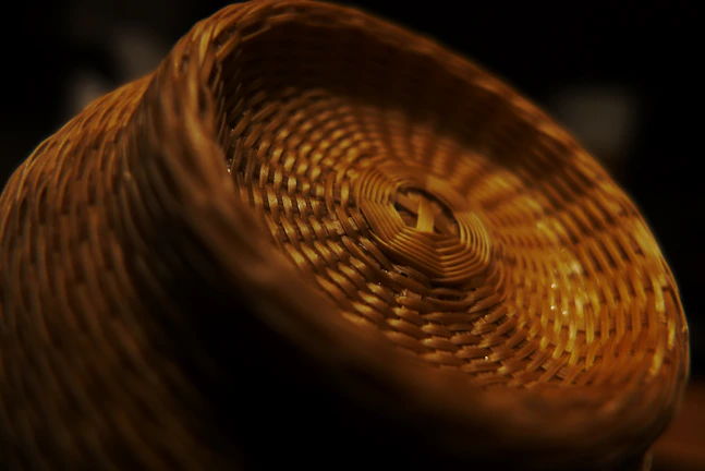 Close-up of a handwoven water hyacinth cat basket showcasing natural fibers and intricate craftsmanship