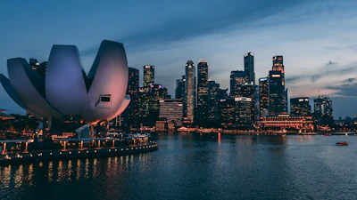 The ArtScience Museum and Singapore skyline across the water at dusk