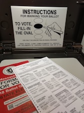An instructional sheet is prominently displayed, explaining how to properly mark a ballot by filling in the oval completely with a provided special pen or pencil. Below the instructions, there is a ballot placed on a voting booth along with a red informational pamphlet concerning voter information.