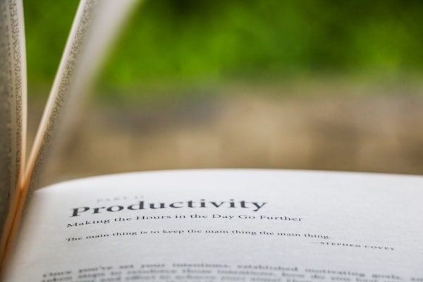 A picture of a book, with an open chapter on productivity