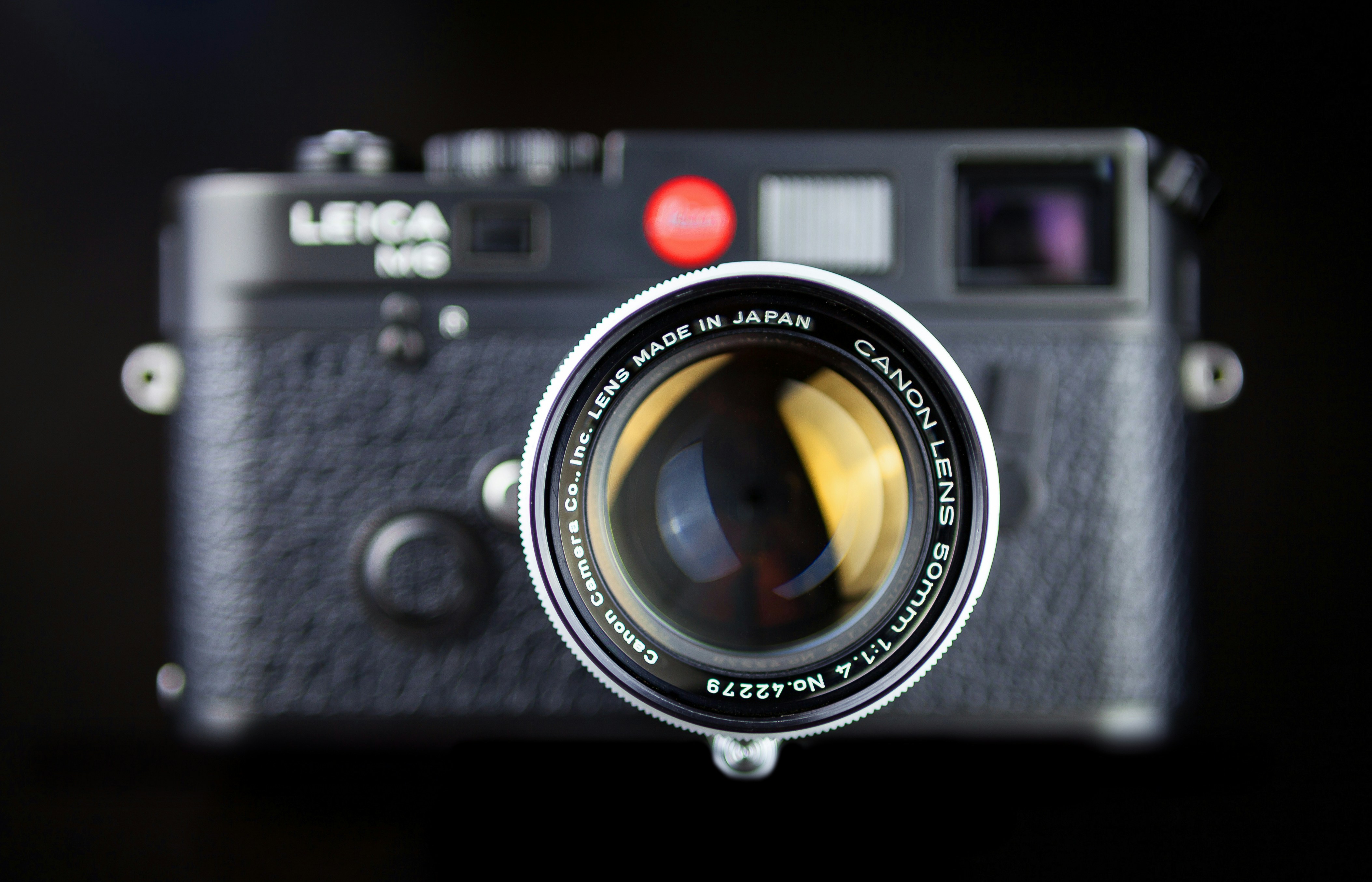A Leica M6 TTL in black with a Canon 50mm LTM f/1.4 lens on a dark Background.