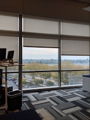 An office interior with large windows allowing a view of an outdoor scene with trees and a roadway. The room features a standing desk with a laptop and a trash bin nearby. The floor is covered in a patterned carpet with gray and black tones.