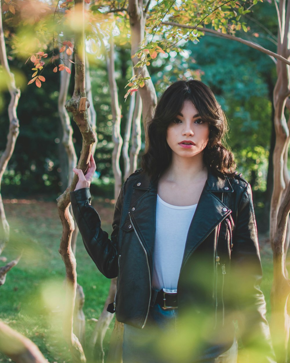 woman standing beside green-leafed trees