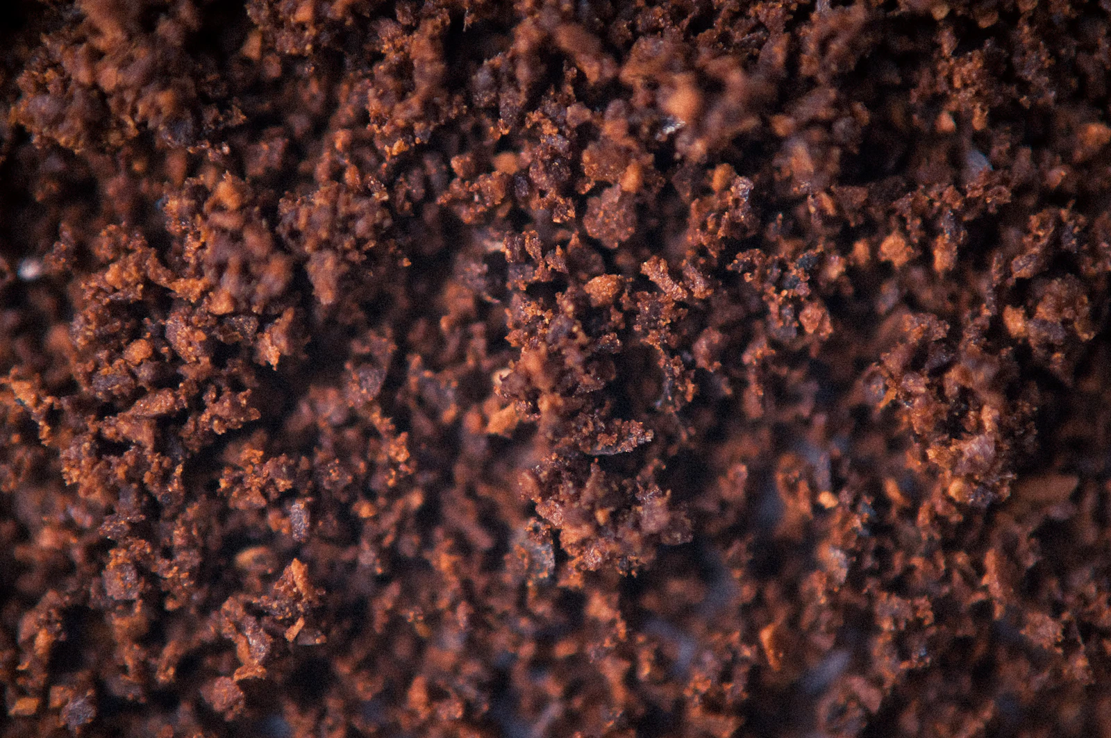 Macro close-up of dark brown used coffee grounds showing the fine granular texture