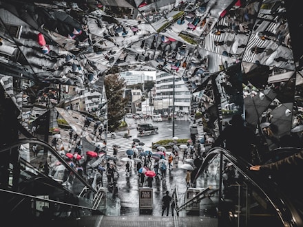 grayscale photography of escalator