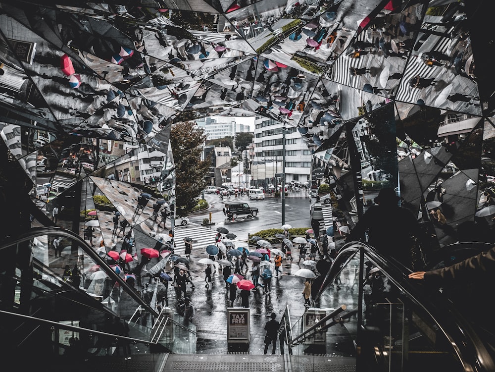 grayscale photography of escalator