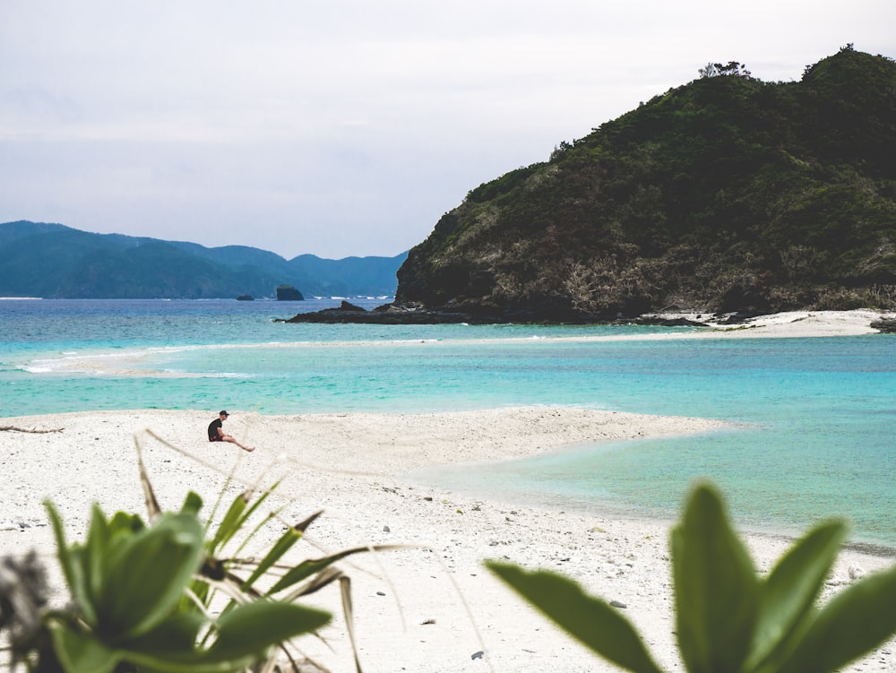 person sitting on seashore facing blue ocean