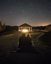 silhouette photography of couple on grass field