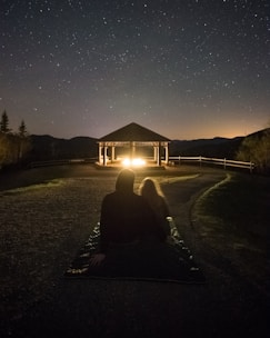 silhouette photography of couple on grass field